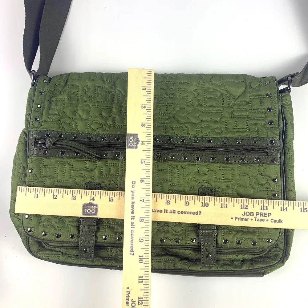 R & Em Green Quilted Messenger‎ Bag Studded Trim School Computer Sling SEE/READ